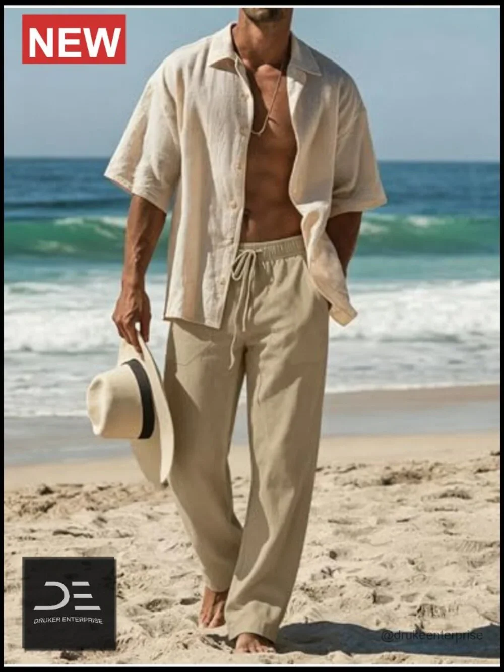 Cotton Linen Casual Pants Elastic Drawstring Waist Summer Beach